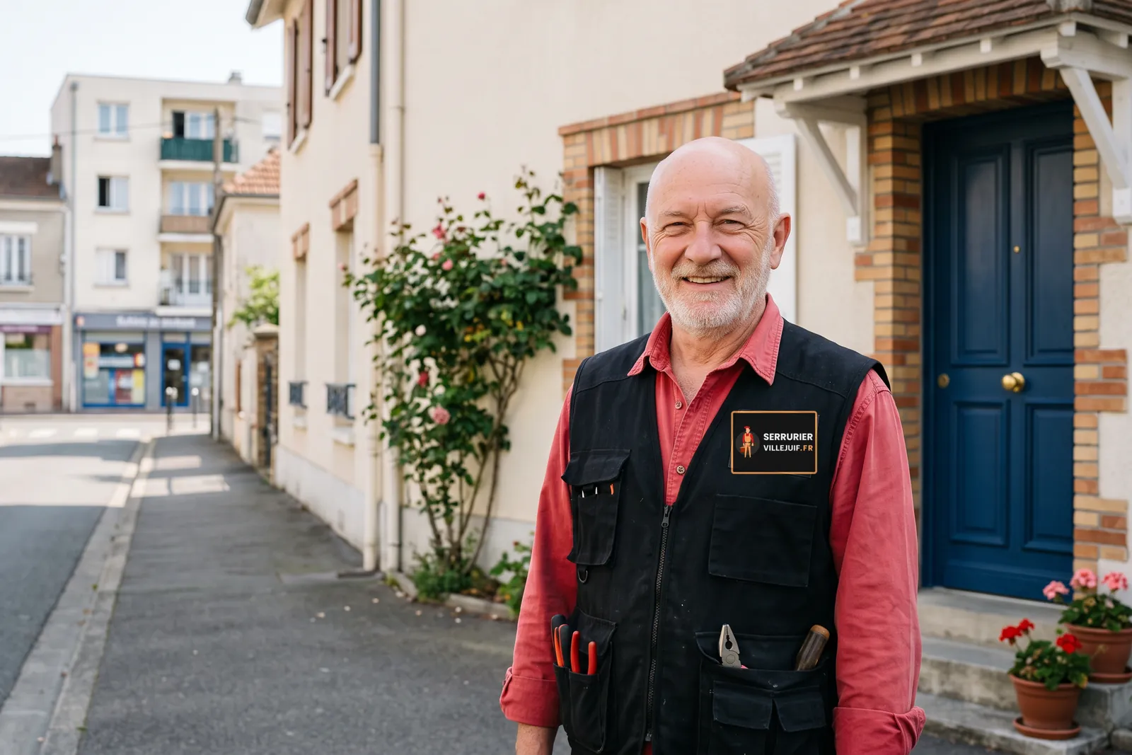 Votre serrurier à Villejuif devant la porte d'un pavillon, gilet de travail aux couleurs de Serrurier Villejuif