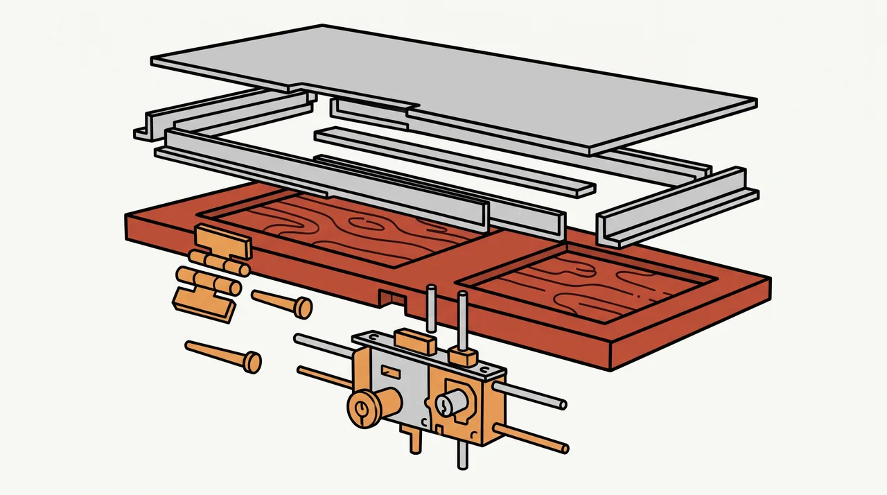 Illustration éclatée d'un blindage sur porte existante : tôle, cornières, paumelles et serrure multipoints