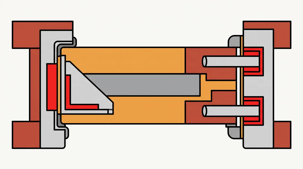 Coupe illustrée d'une porte avec cornière anti-pince côté serrure et pions anti-dégondage côté paumelles