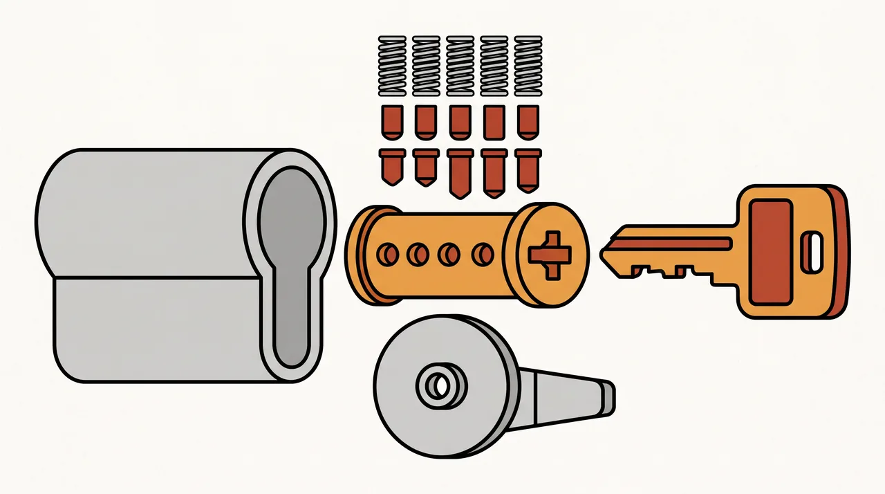 Illustration éclatée d'un cylindre européen : corps, rotor, goupilles, came et clé