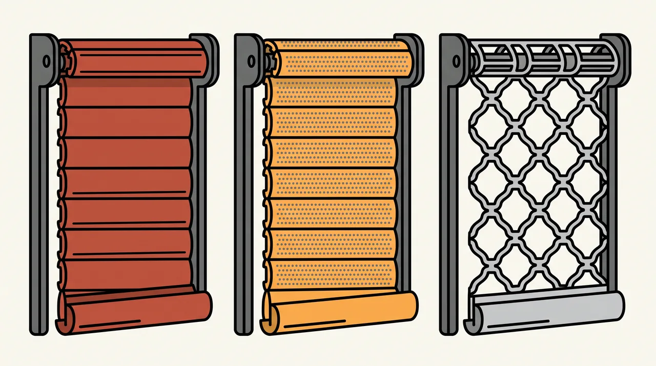 Illustration de trois types de lames de rideau métallique : pleines, micro-perforées et grille