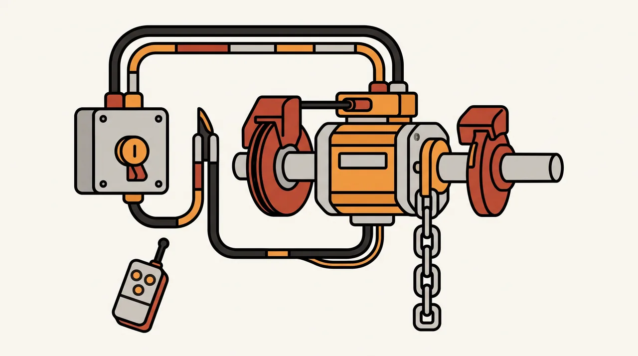 Illustration d'une motorisation de rideau métallique : moteur central, boîtier à clé et télécommande