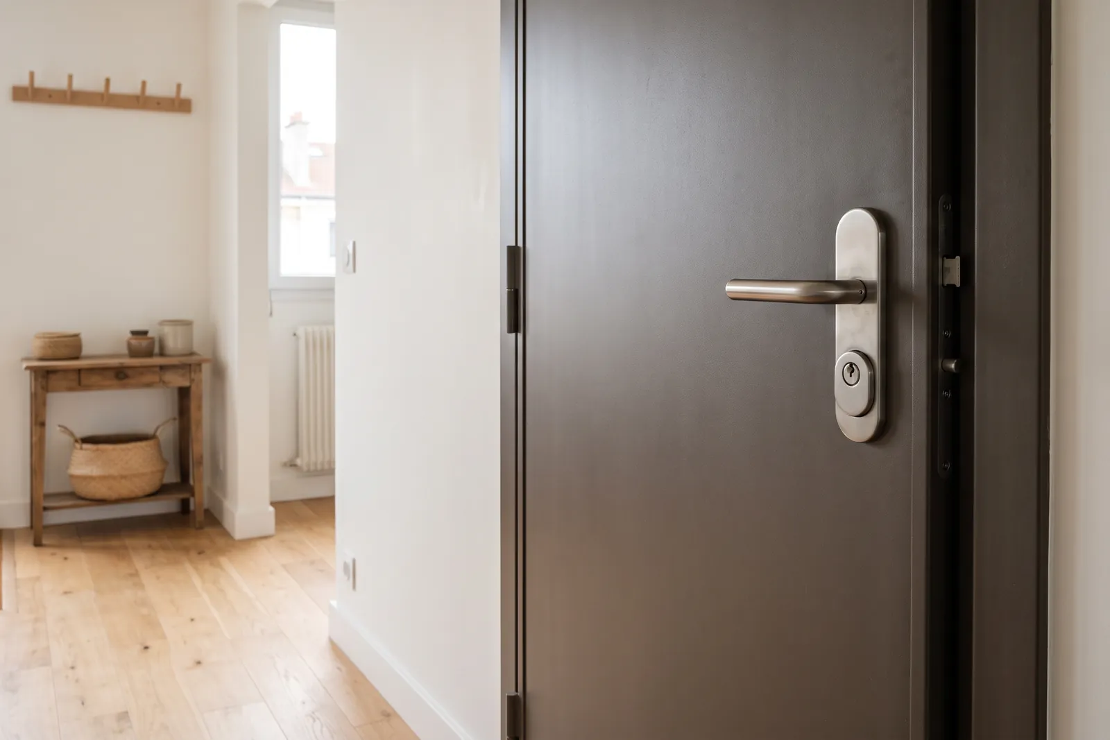 Porte blindée fermée avec serrure multipoints et cylindre protégé dans un appartement à Villejuif