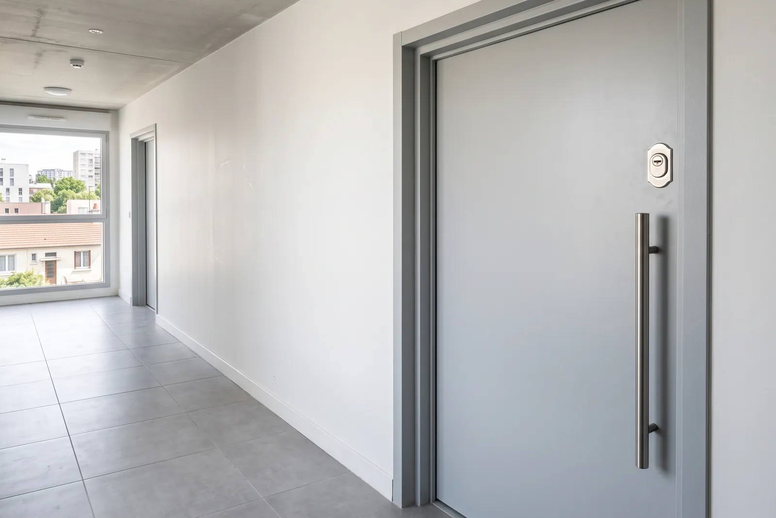Porte blindée gris clair installée dans le couloir d'un immeuble récent à Villejuif