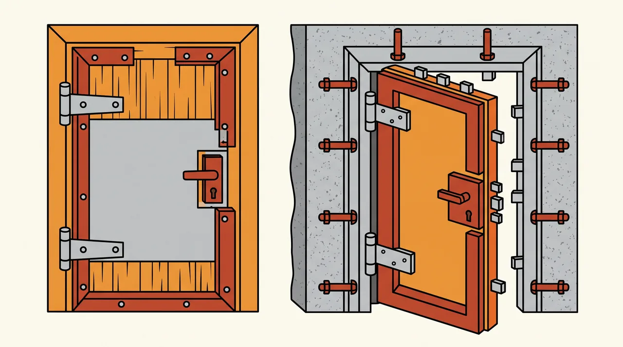 Comparaison illustrée entre un blindage sur porte existante et un bloc-porte blindé