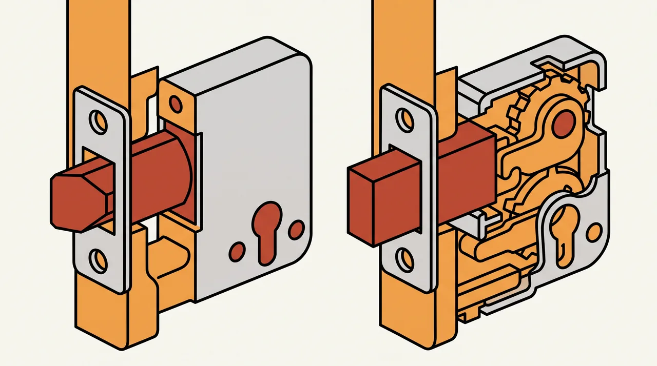 Comparaison illustrée d'une porte claquée et d'une porte fermée à clé, vue en coupe