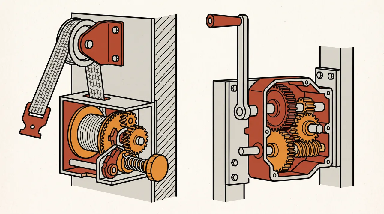 Illustration des commandes manuelles d'un volet roulant : sangle et enrouleur, treuil et manivelle