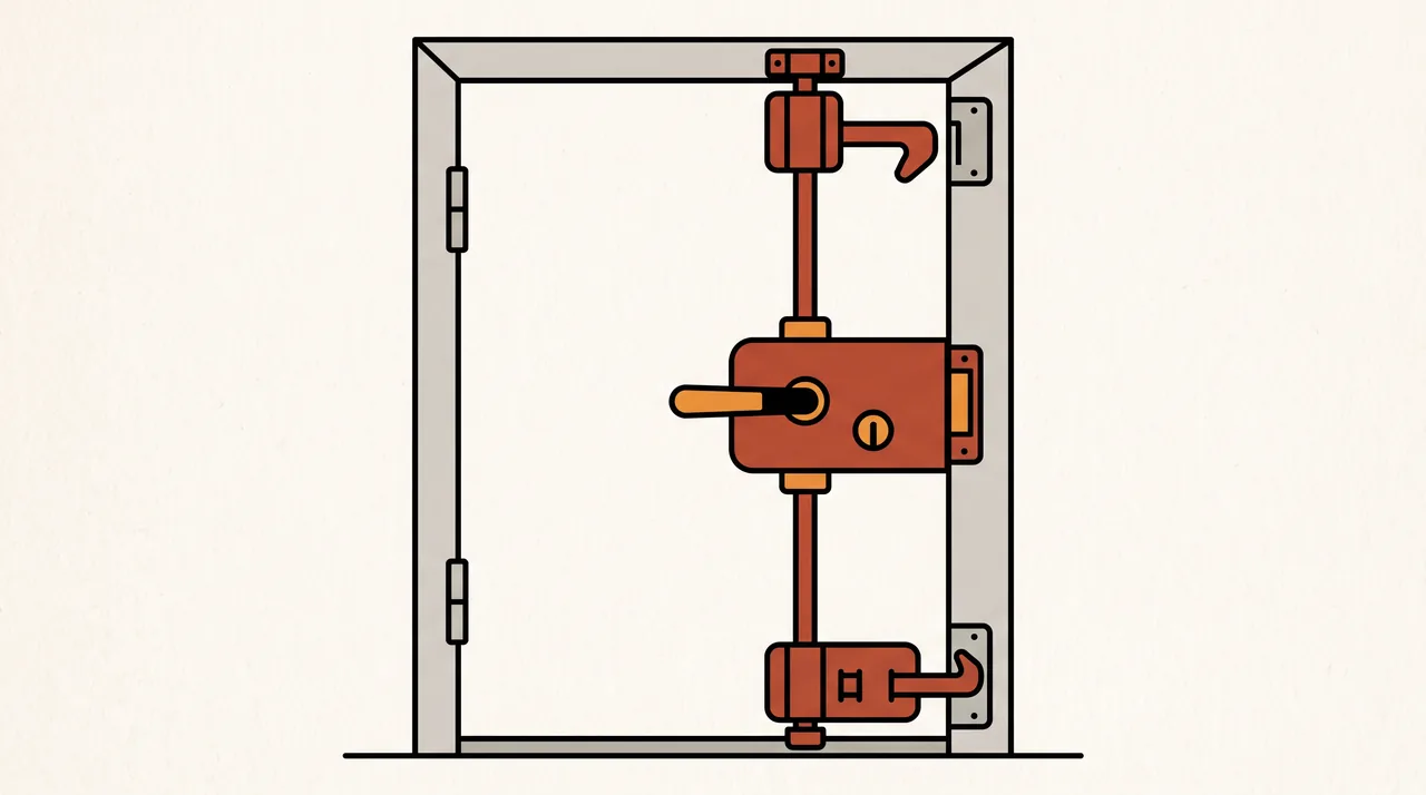 Illustration d'une serrure trois points : boîtier central et tringles vers les pênes haut et bas