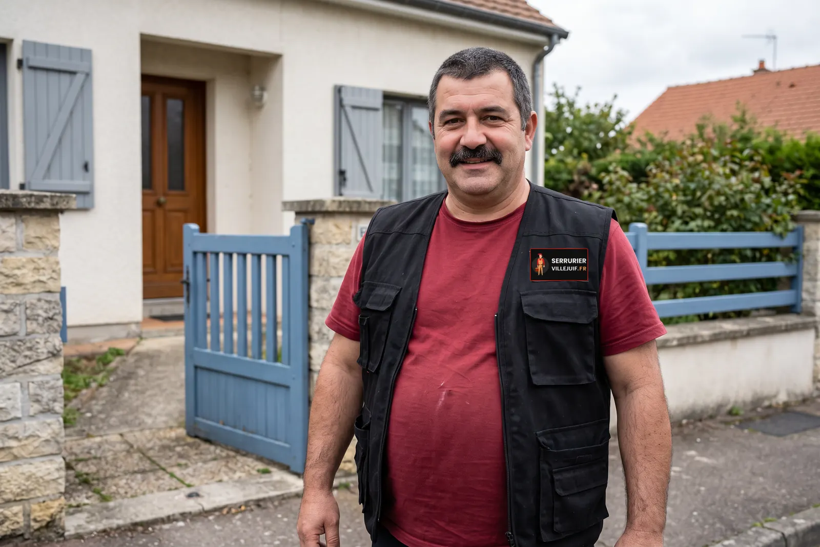 Votre serrurier à Villejuif devant un pavillon, gilet de travail avec l'écusson Serrurier Villejuif